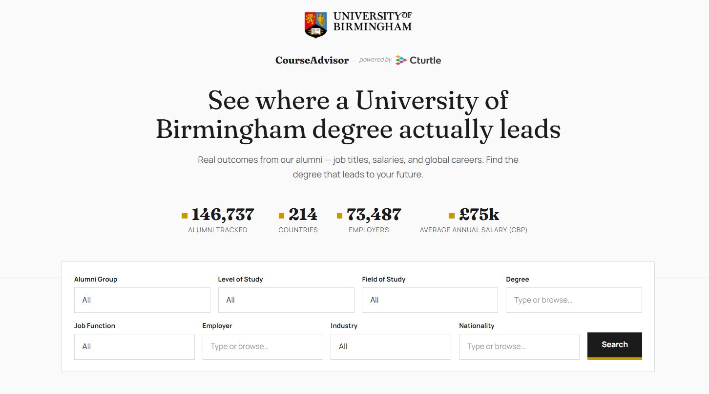 University of Birmingham CourseAdvisor landing page with alumni outcome statistics and search filters