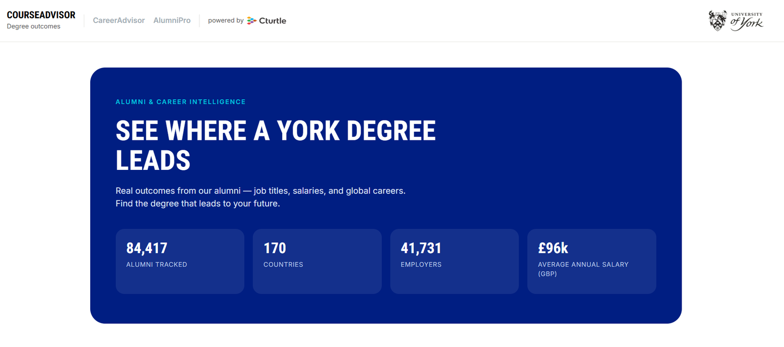 University of York CourseAdvisor landing page: 84,417 alumni tracked, 170 countries, 41,731 employers, £96k average annual salary